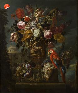 Vaso istoriato di fiori con pappagallo